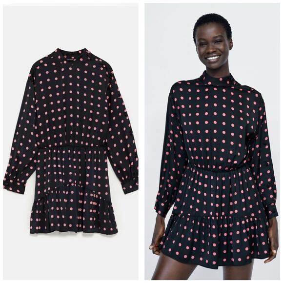 Zara Dresses & Skirts - Zara Black Pink Polka Dot Long Sleeve Mini Dress Size XS Asymmetrical Button